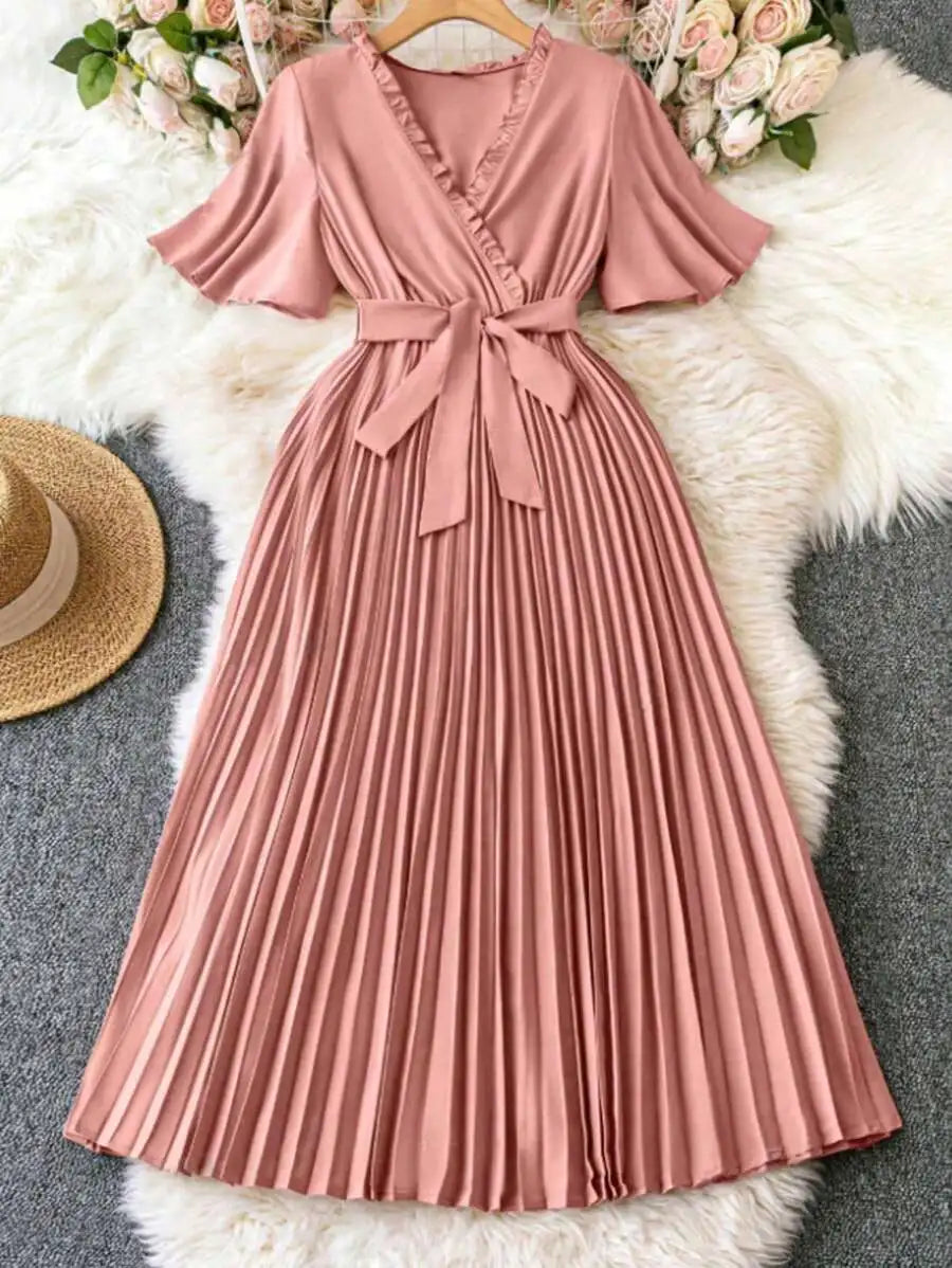 V-Neck Wrap Tie-Waist Pleated Maxi Dress