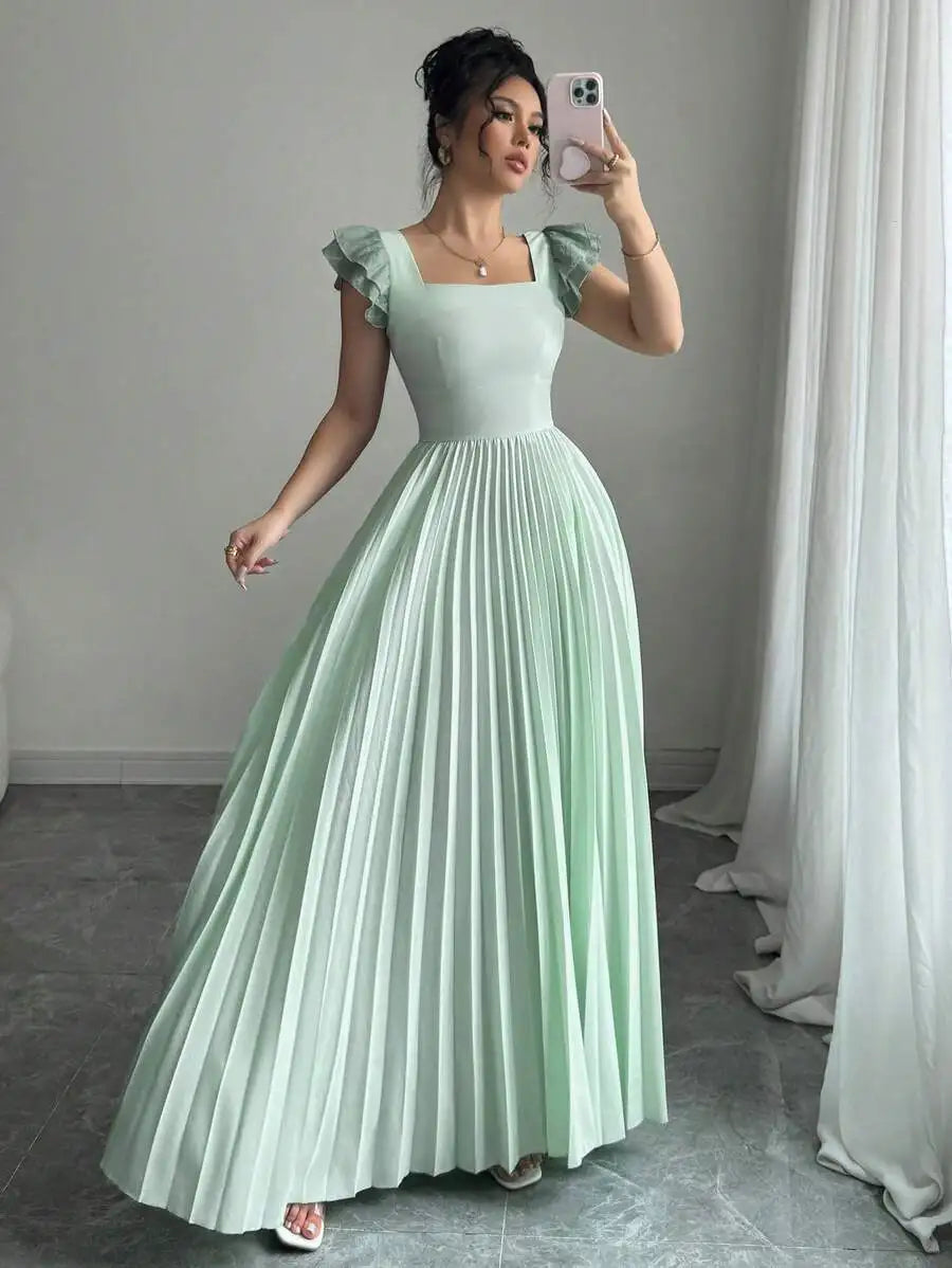 Elegant Mint Green Square Neck Maxi Dress