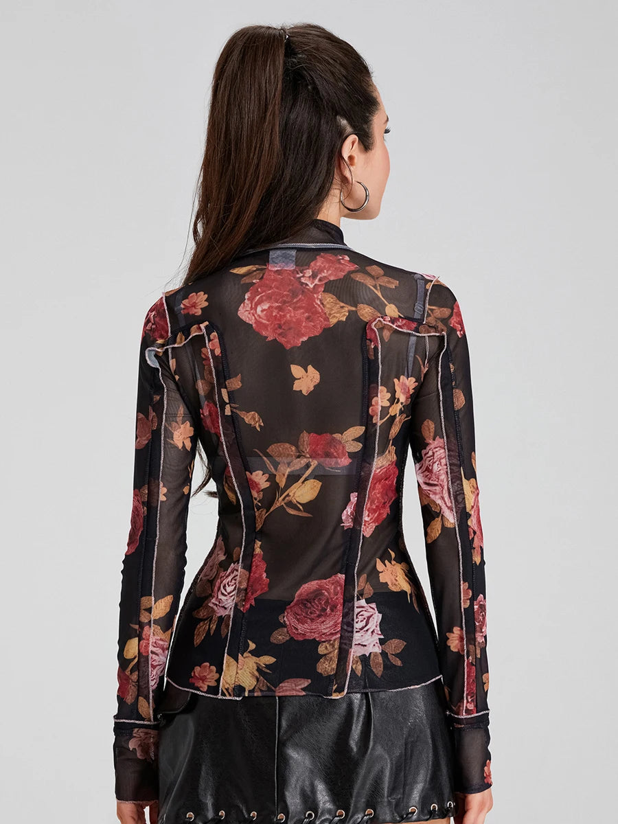 Women s  Mesh Tops Floral Print T-Shirt