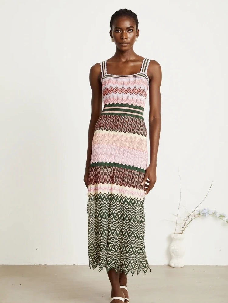 Zigzag Knit Straps Long Maxi Dress