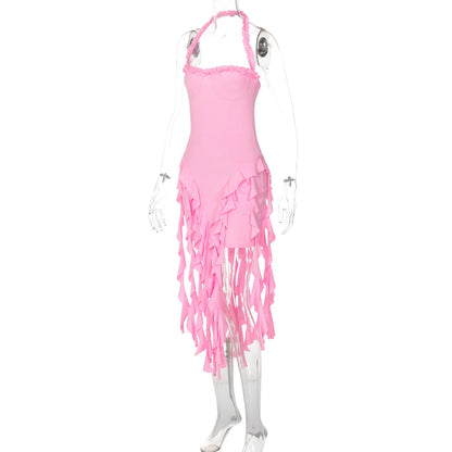 Hugcitar Elegant Halter Solid Ruffles Backless Taseel Sexy Slim Mini Dress Spring Women Cute Outfits Birthday Party Vacation