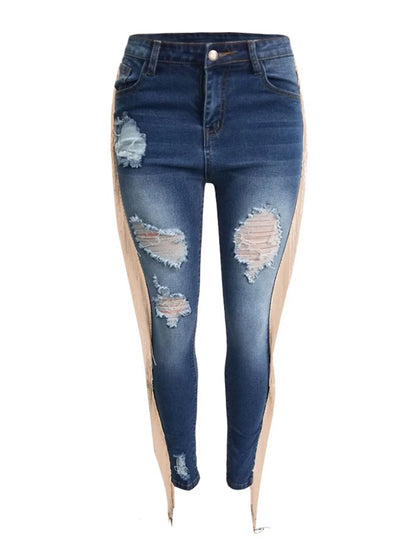 Women's High Waist Elastic Hole Slim Jeans