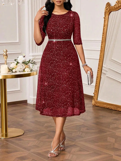 Elegant Black Glitter Round Neck Dress