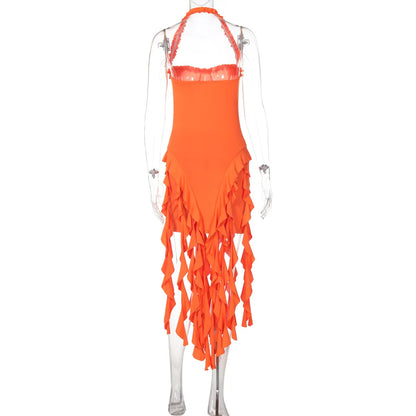 Hugcitar Elegant Halter Solid Ruffles Backless Taseel Sexy Slim Mini Dress Spring Women Cute Outfits Birthday Party Vacation