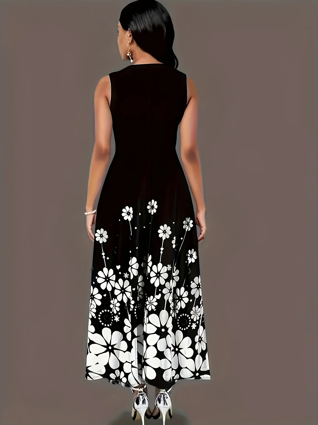 Black and White Floral Print Sleeveless Long Dress