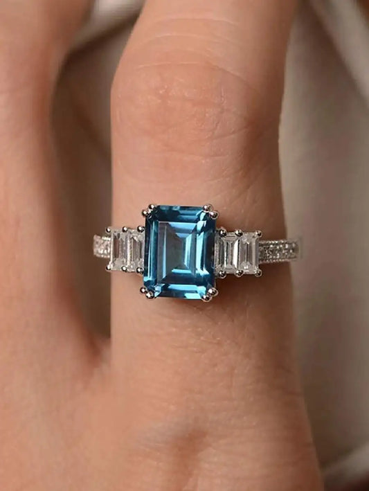 Elegant Blue Rectangular CZ Ring
