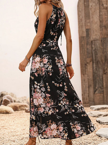 Floral Print High Slit Thigh Halter Dress -