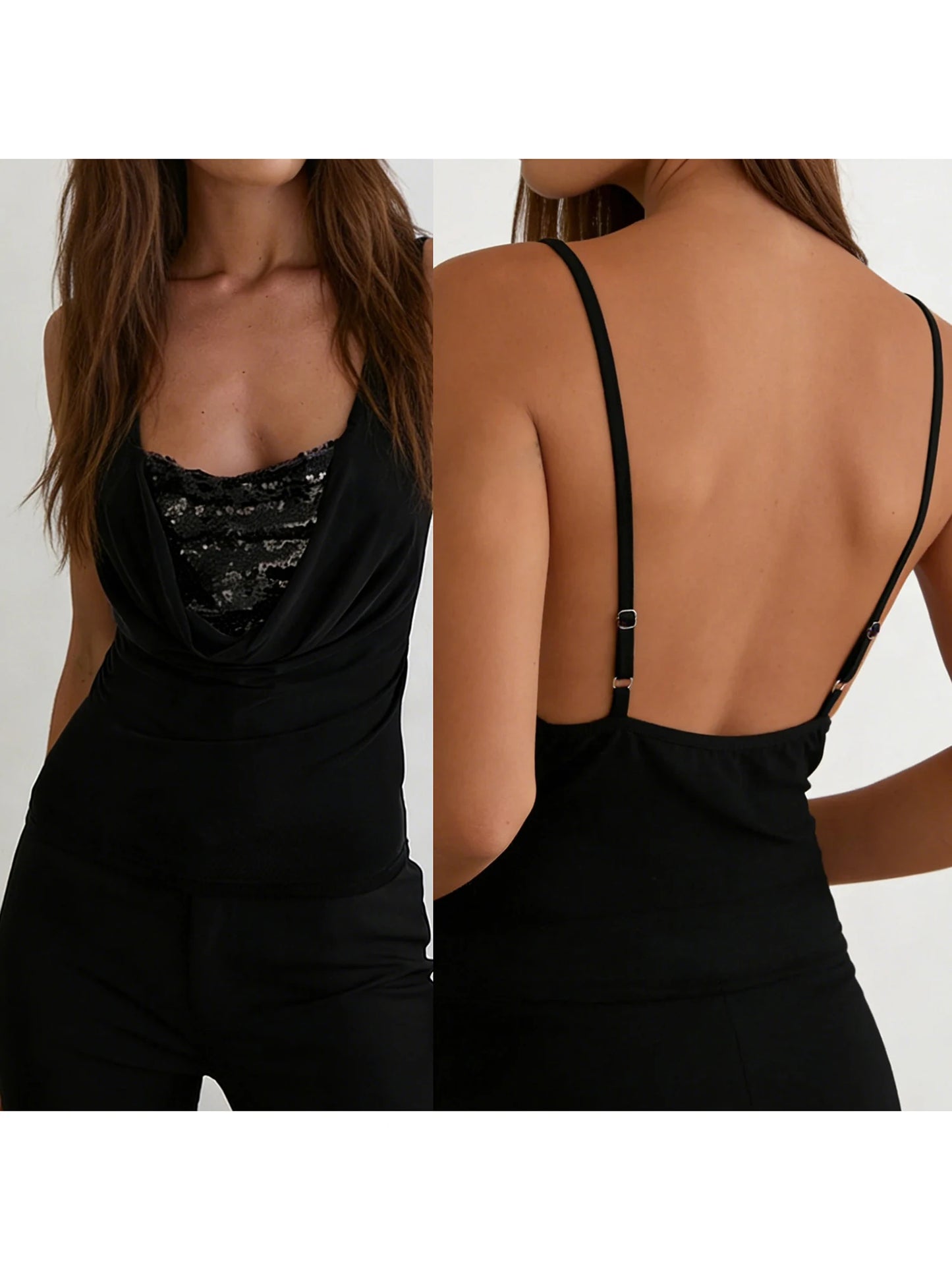 Women s Sleeveless Sequin Embellished Cowl Neck Tank