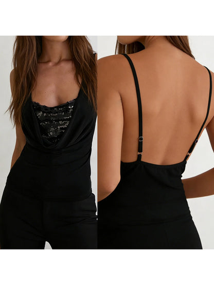 Women s Sleeveless Sequin Embellished Cowl Neck Tank