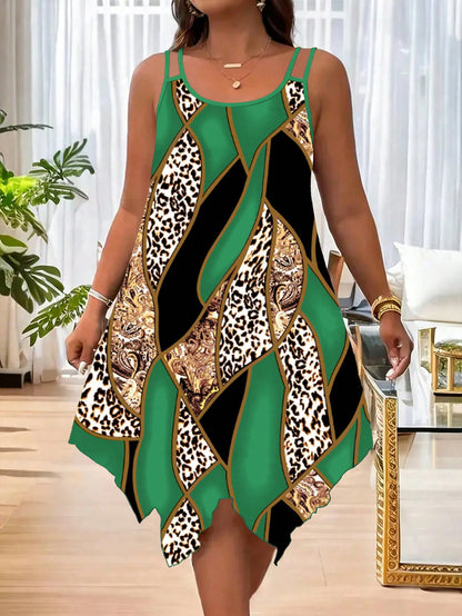Asymmetrical geometric stripes printed double strap dress