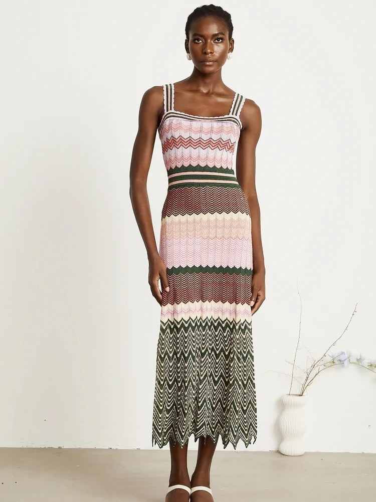 Zigzag Knit Straps Long Maxi Dress