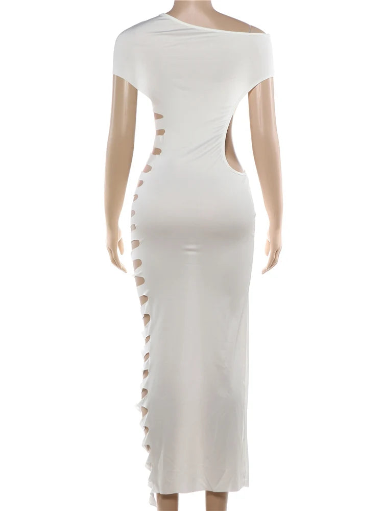Sexy Hollow Design Skew Collar Maxi Dress