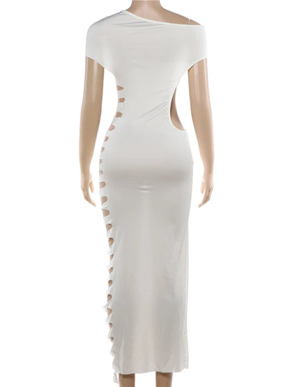 Sexy Hollow Design Skew Collar Maxi Dress