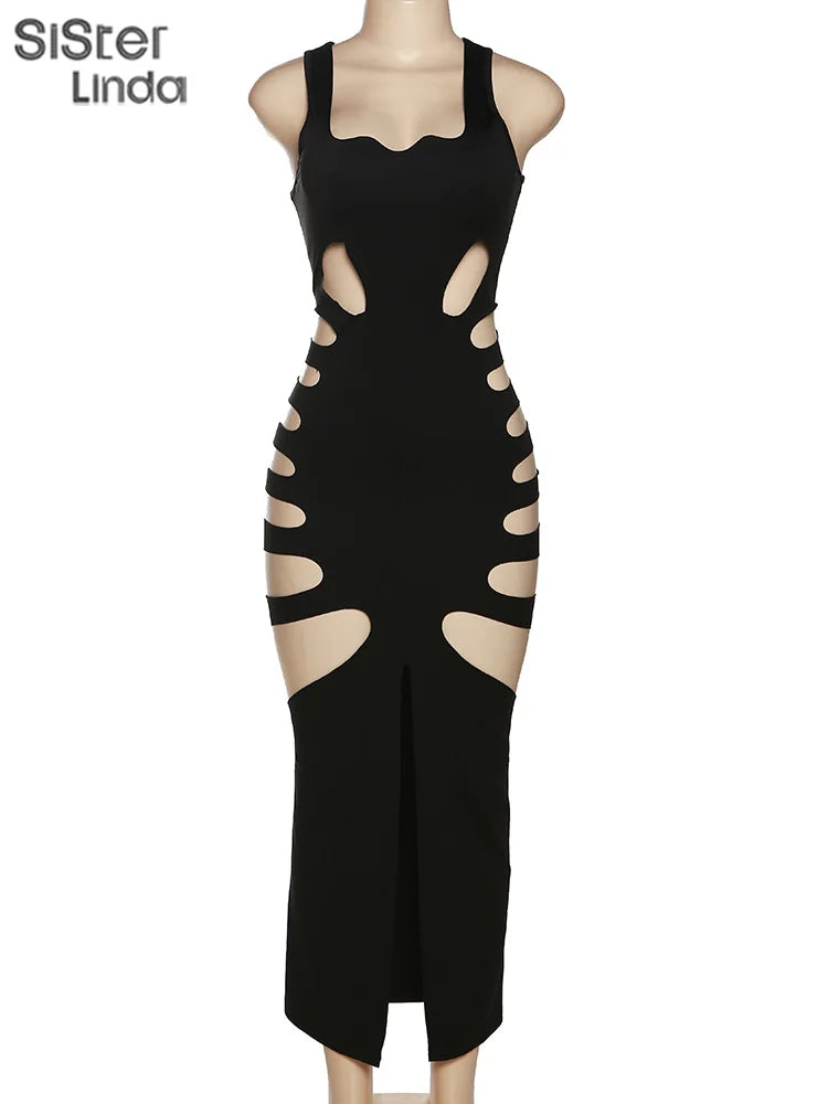 Hollow Elegant Side Split Bodycon Midi Dress