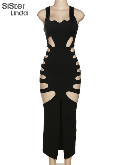 Hollow Elegant Side Split Bodycon Midi Dress