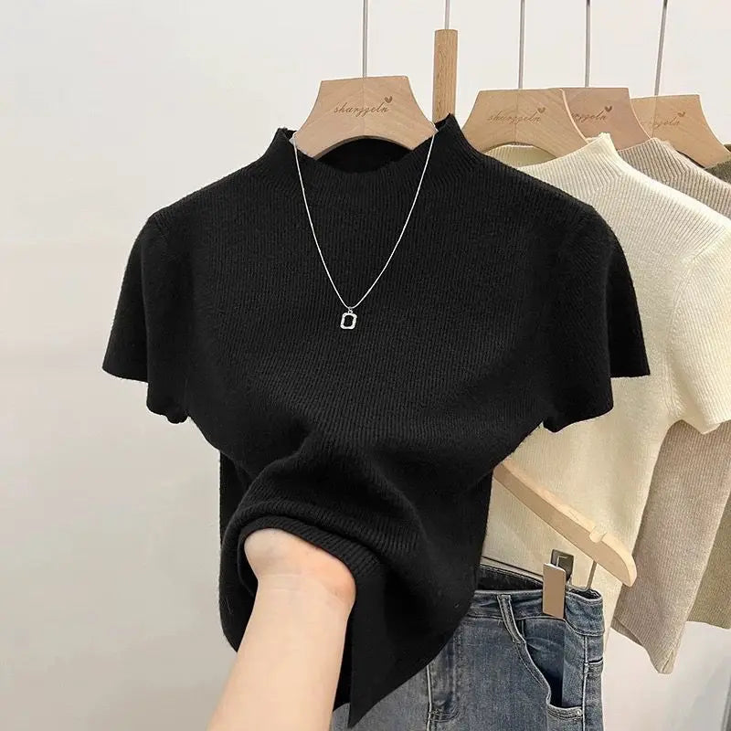 Turtleneck Solid Thin Pullover Knitted Sweater