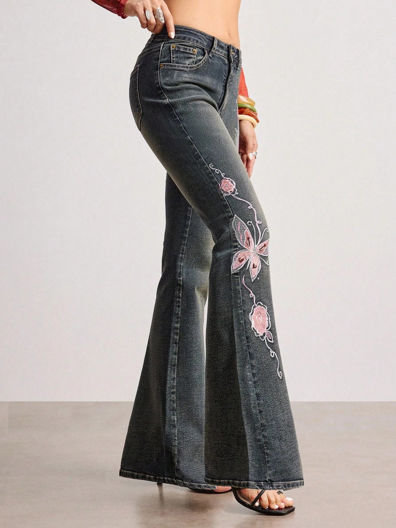 Butterfly Embroidered High Waist Flare Jeans