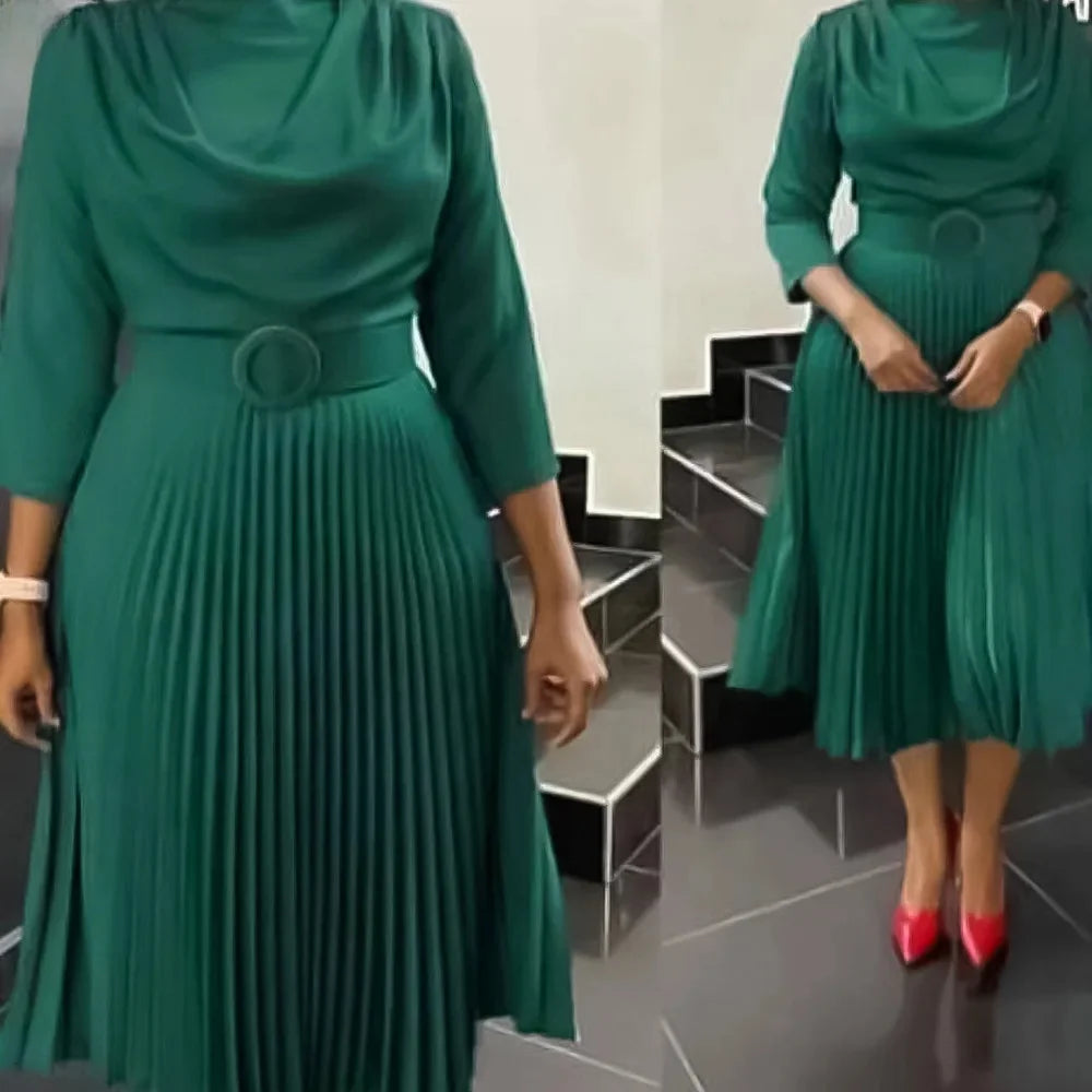 Fashionable Pure Color Pleated Midi Dress