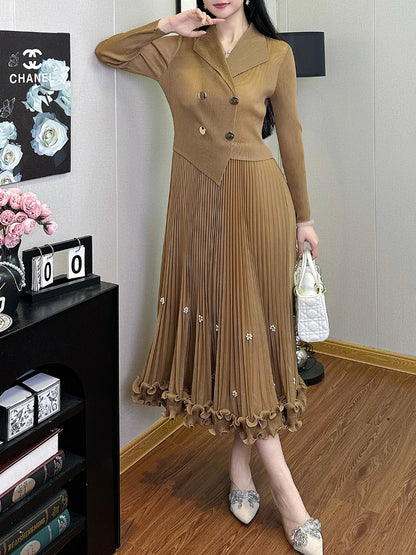 Pleated Long Dress Double Breasted