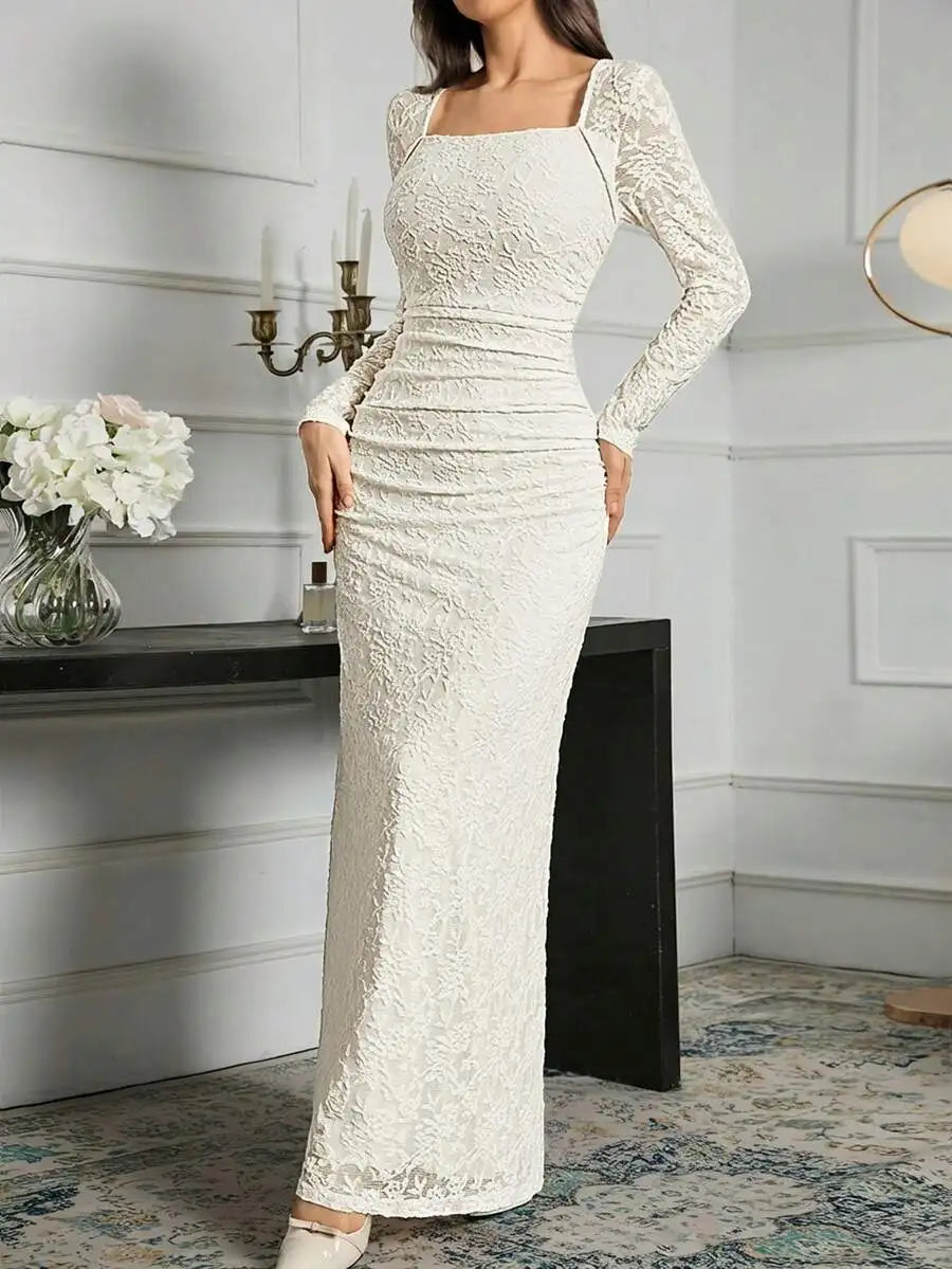 Elegant Ivory Lace Long Sleeve Dress