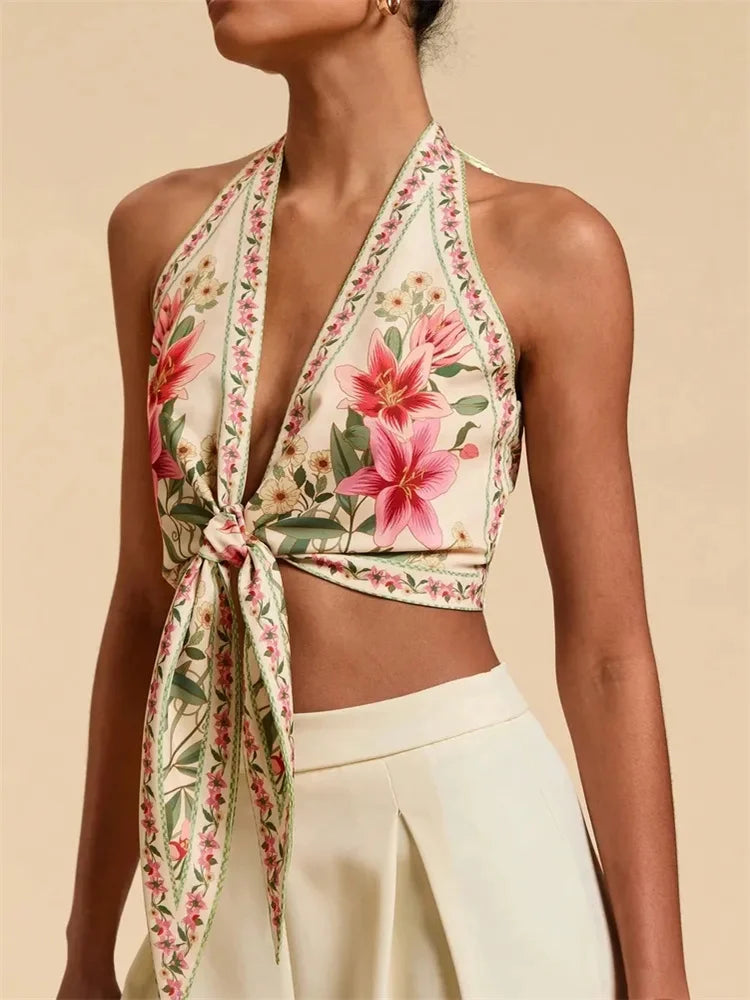 Sleeveless Sexy Knot Front Halter Crop Top