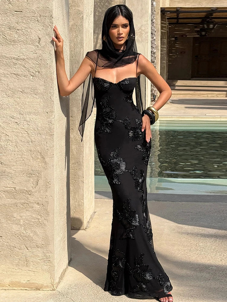 Elegant Flower Embroidery Maxi Dress