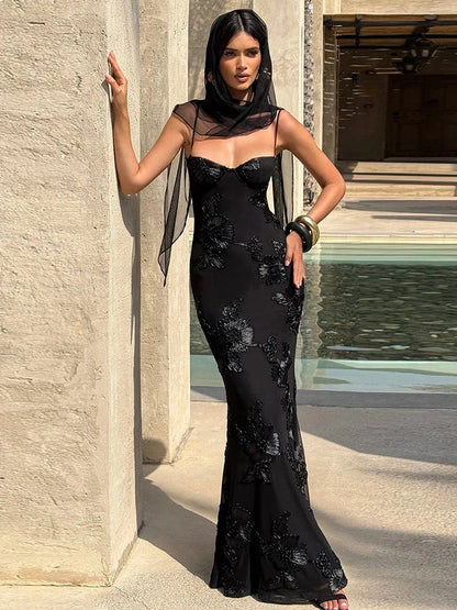 Elegant Flower Embroidery Maxi Dress