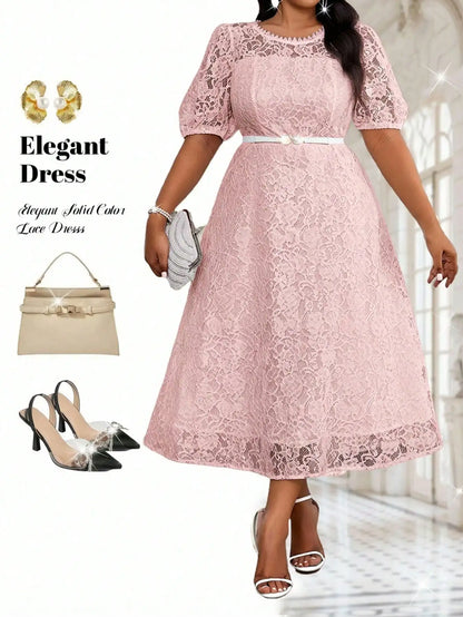 White Lace Midi Dress with Puff Sleeves and Belt