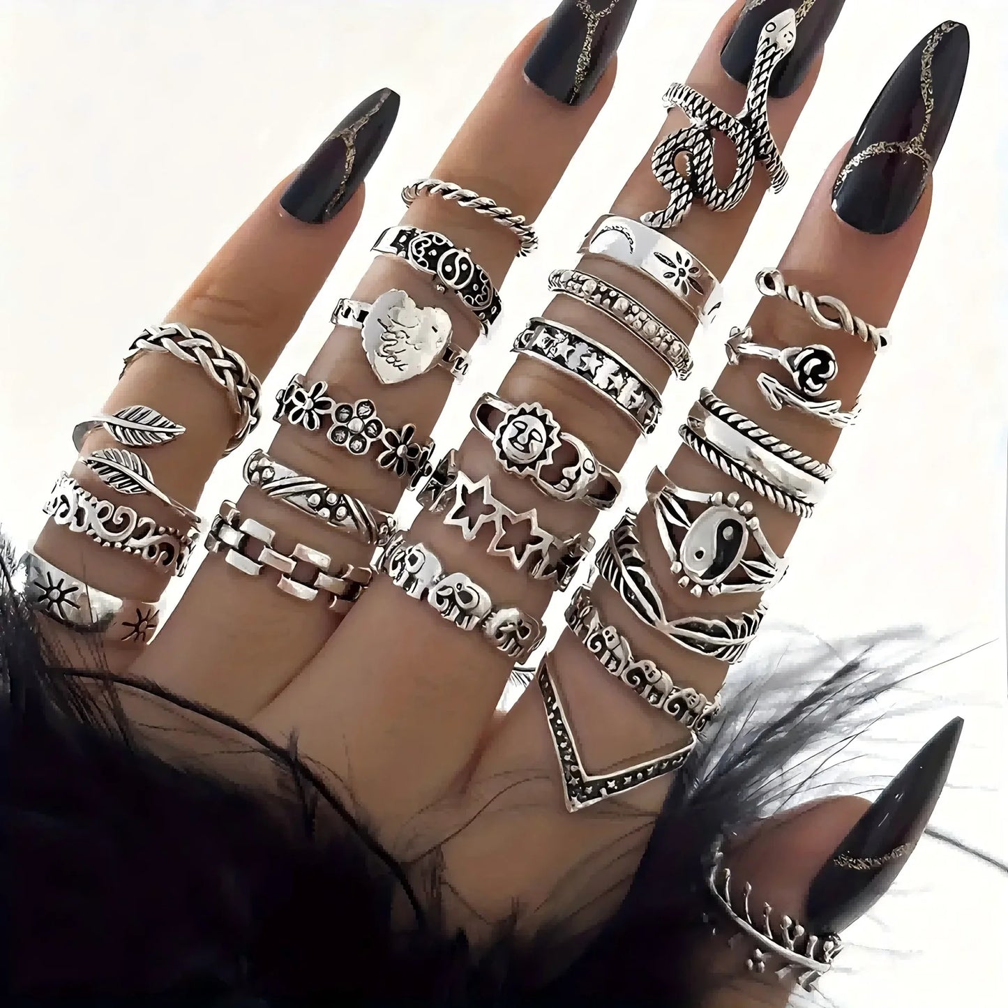 Bohemian Stacking Rings Set 25Pcs Silver Tone