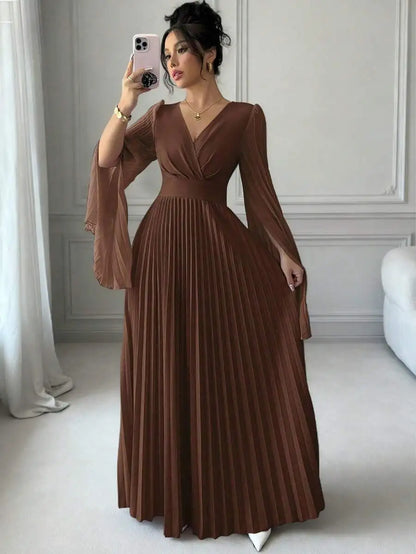 V-Neck Pleated Maxi Dress