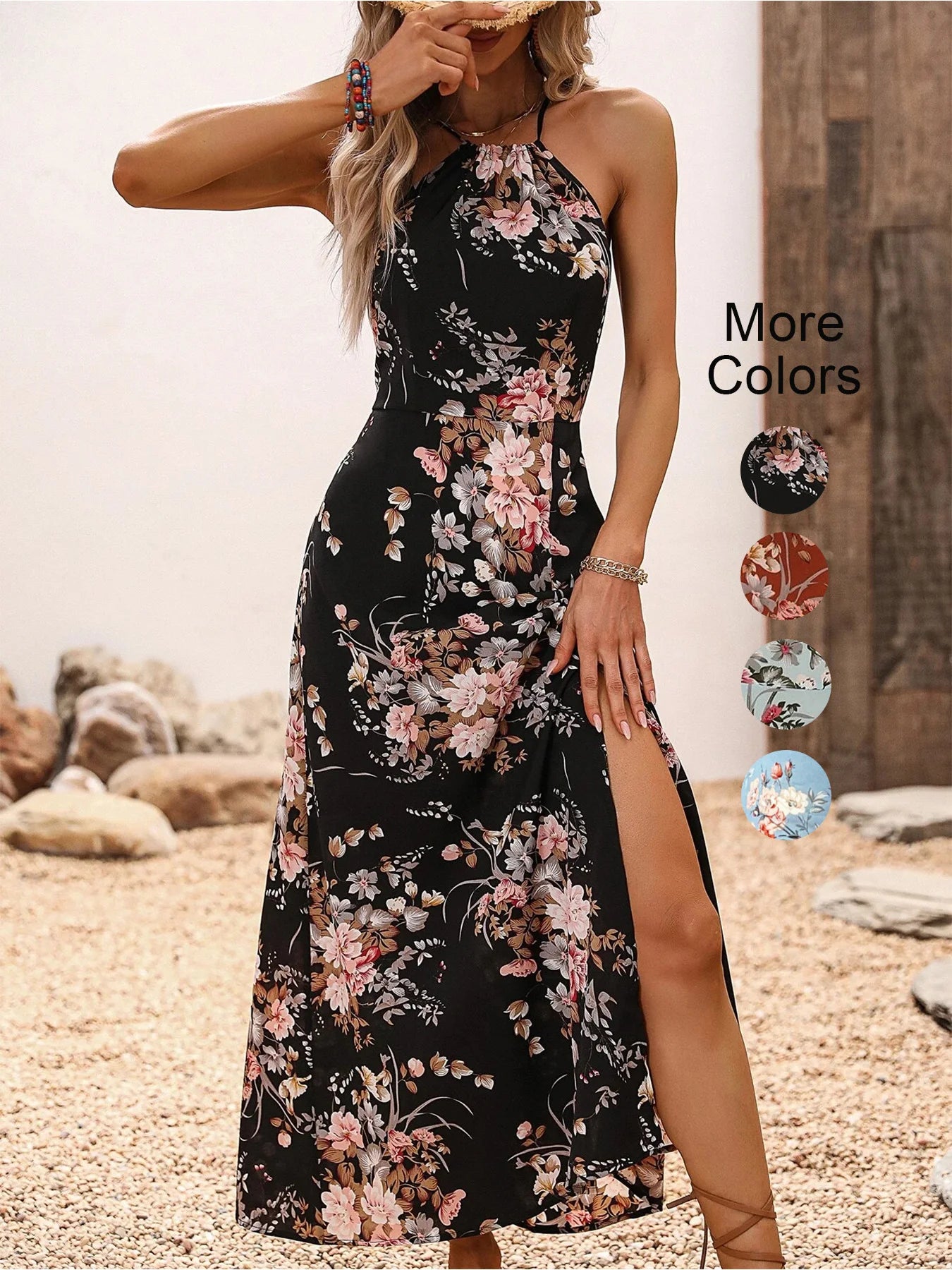 Floral Print High Slit Thigh Halter Dress -
