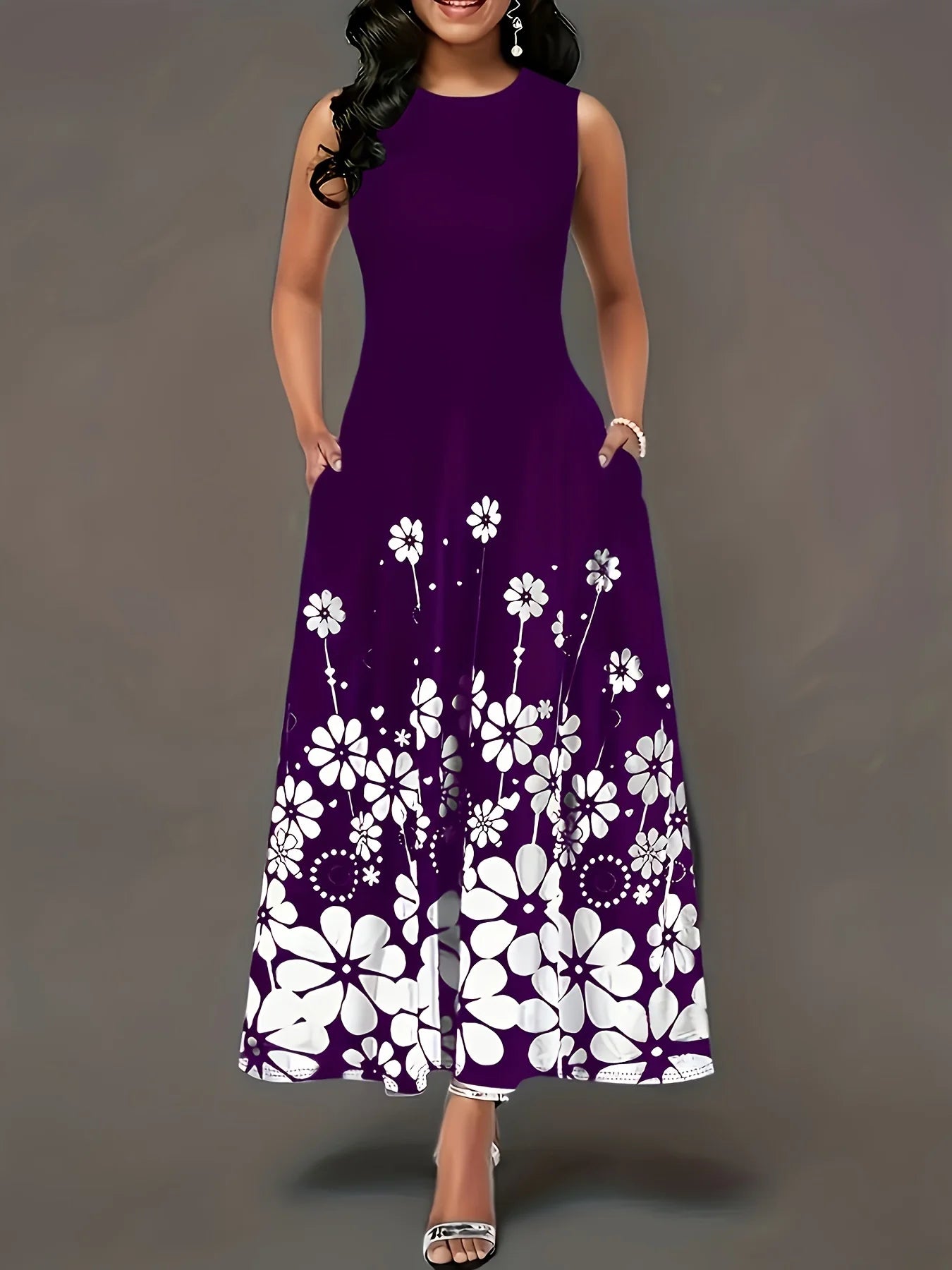 Black and White Floral Print Sleeveless Long Dress