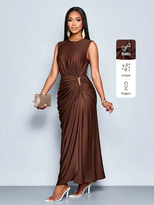 Women's Satin Solid Ruched Waist Sleeveless Maxi Dress