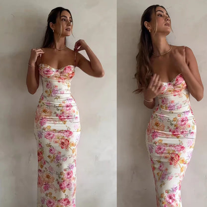 Floral Suspender Split Slim Sleeveless Dress