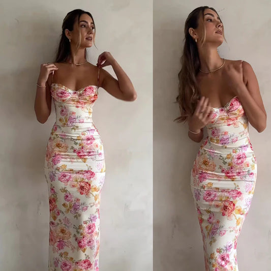 Floral Suspender Split Slim Sleeveless Dress