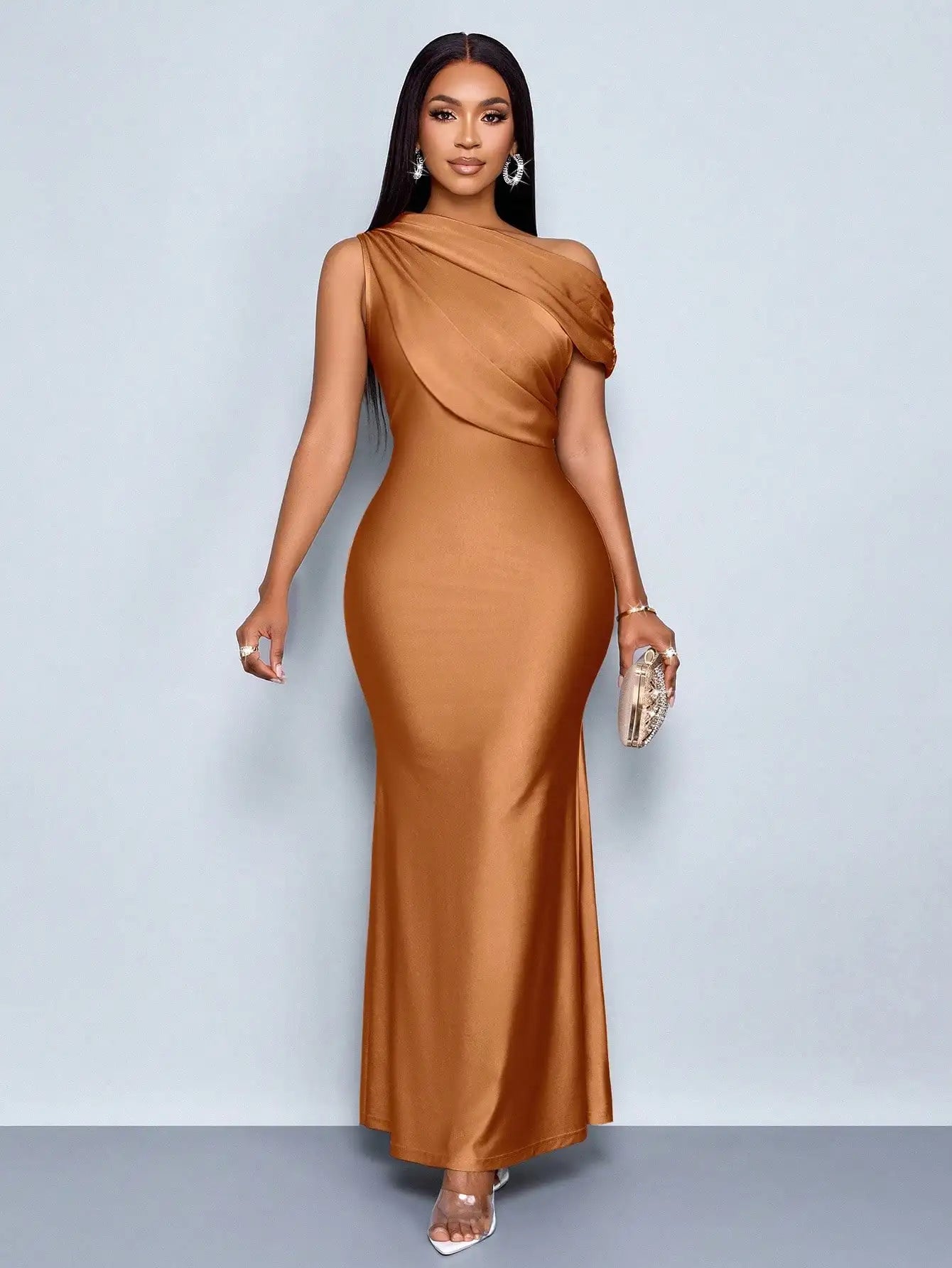 Elegant Satin One-Shoulder Fishtail Maxi Dress