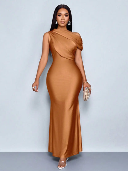 Elegant Satin One-Shoulder Fishtail Maxi Dress