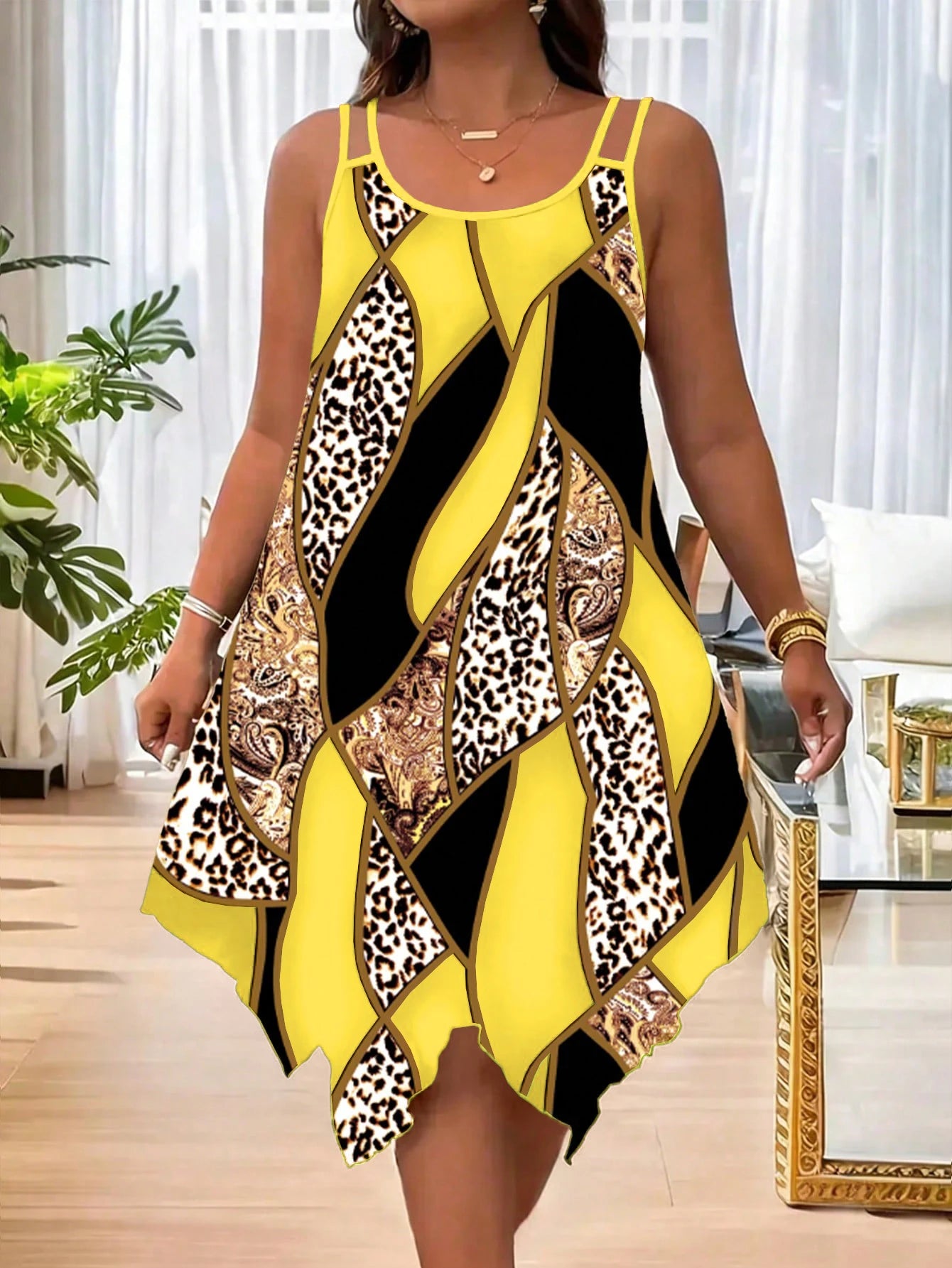 Asymmetrical geometric stripes printed double strap dress