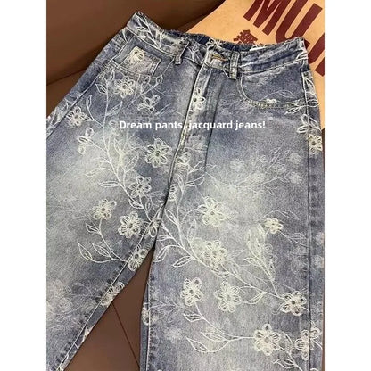 Retro Floral Washed Loose Jeans Casual