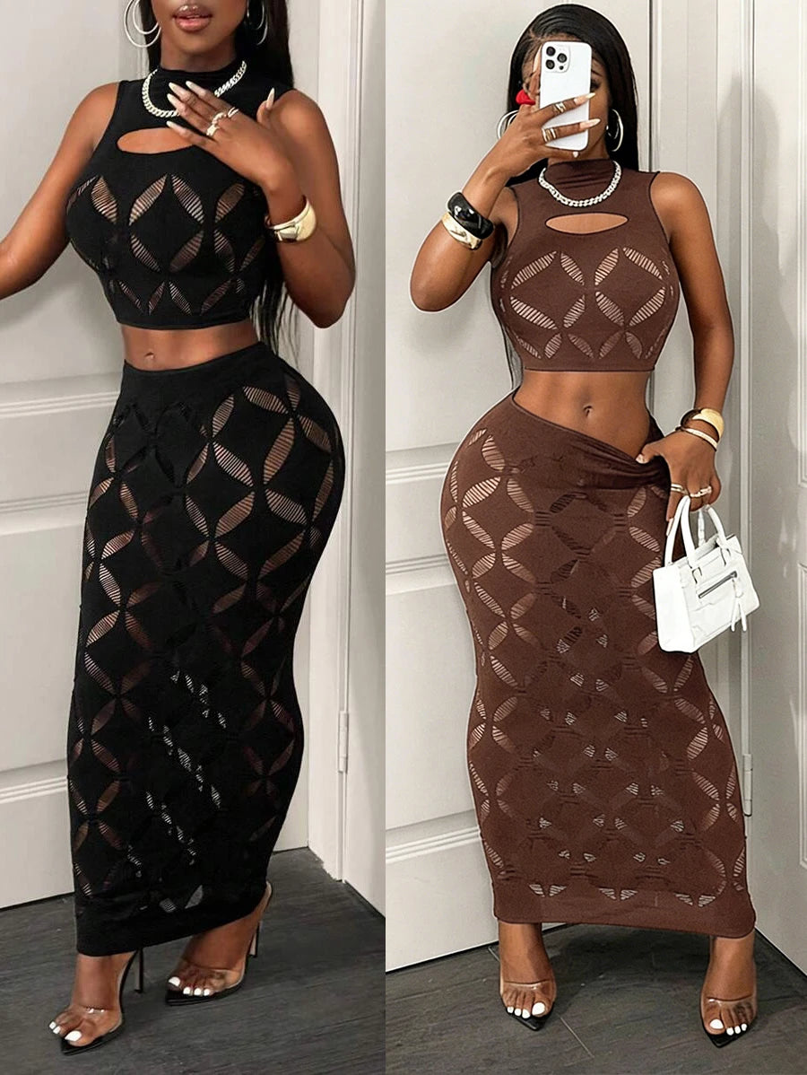 2PCS See-Through Mesh Hollow Out Crop Tank & High Waist