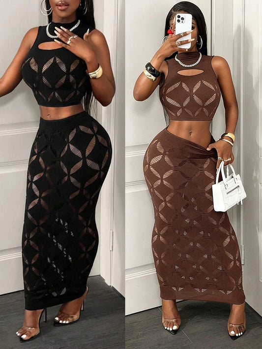 2PCS See-Through Mesh Hollow Out Crop Tank & High Waist