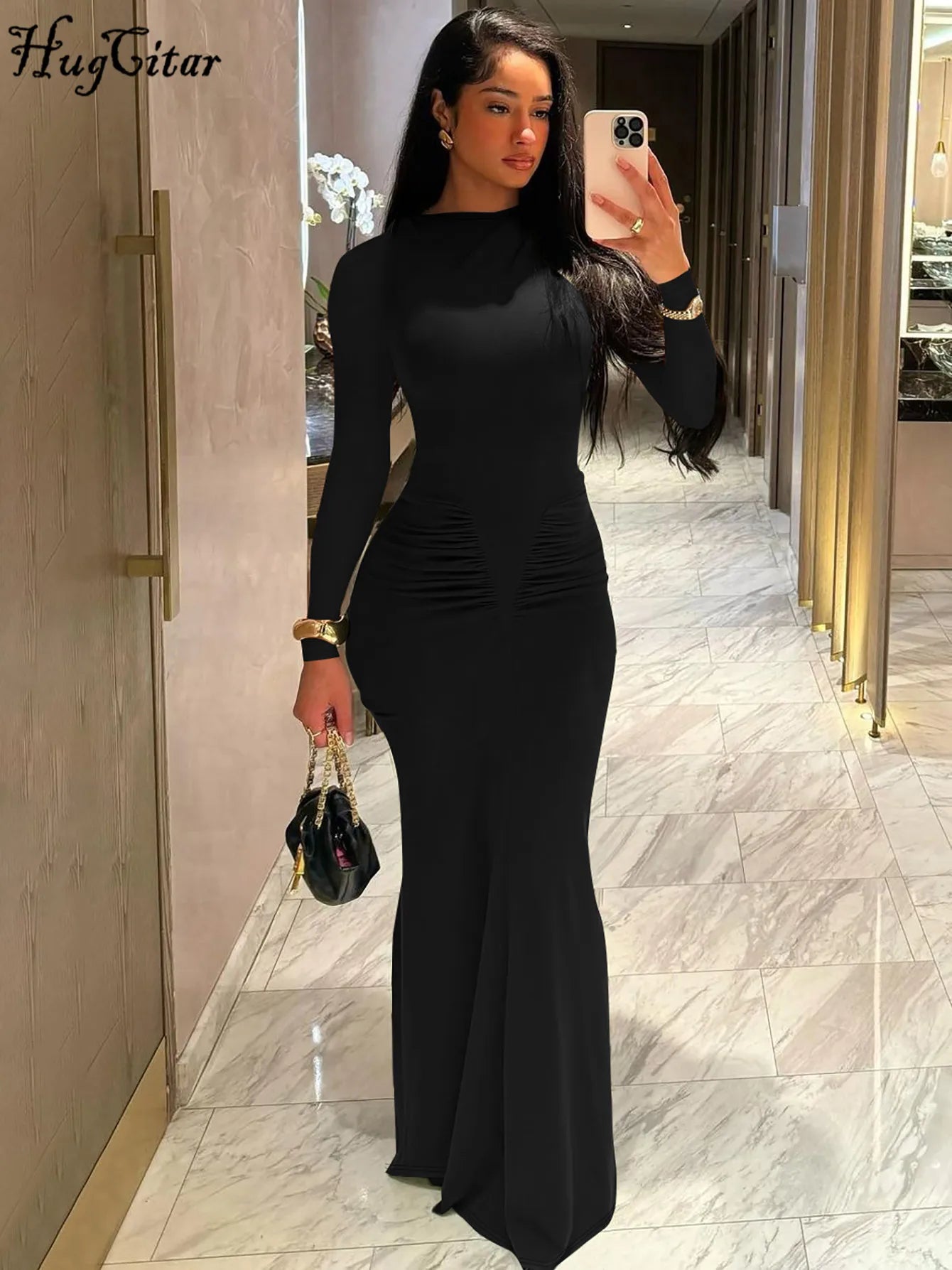 Long Sleeve Draped Sexy Bodycon Maxi Dress