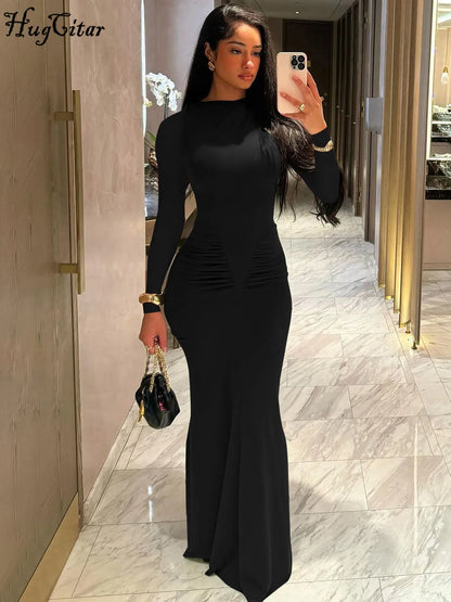 Long Sleeve Draped Sexy Bodycon Maxi Dress