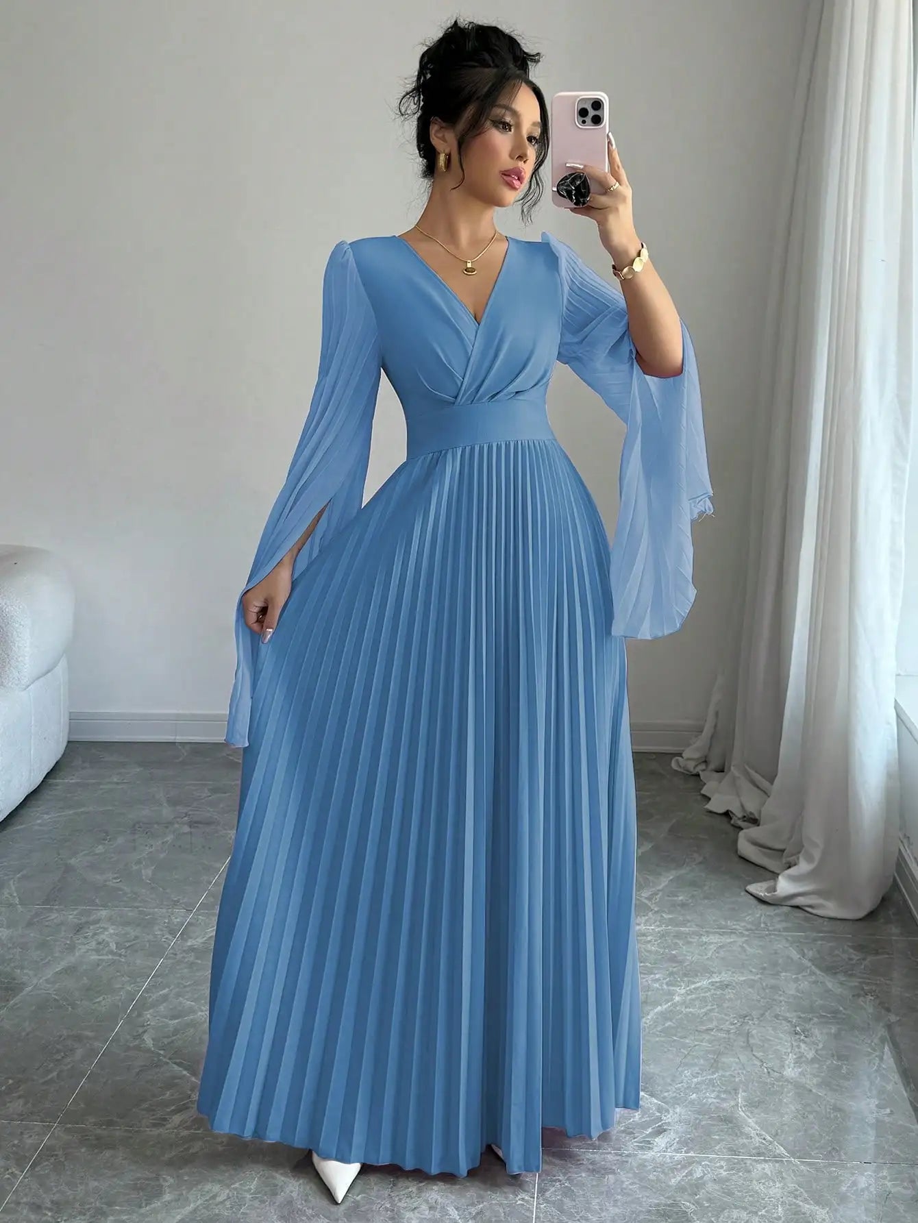 V-Neck Pleated Maxi Dress