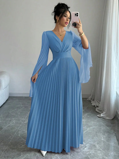 V-Neck Pleated Maxi Dress