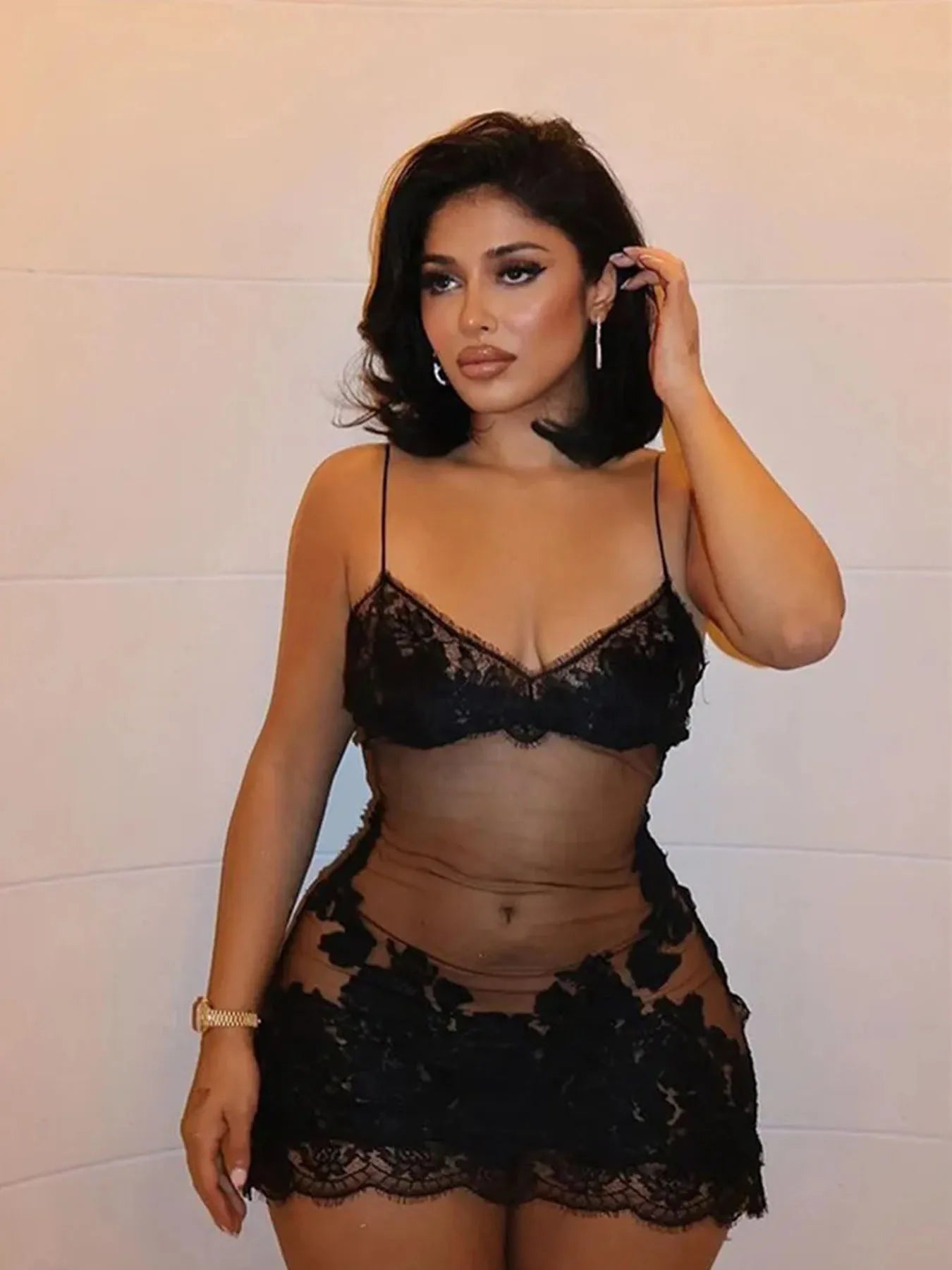 Lace Transparent Mini Dress Sexy Women Wrapping Spaghetti Embroidery Flower Sheath Nightwear Club Mesh Wave Fantacy