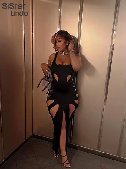 Hollow Elegant Side Split Bodycon Midi Dress