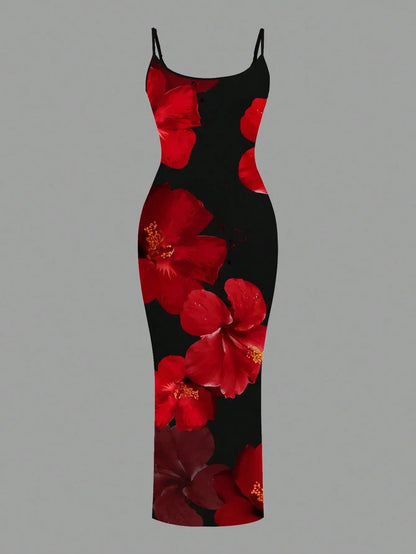 Elegant Black Red Floral Maxi Dress