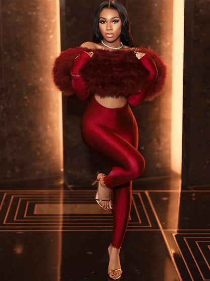 Furry Slash Neck Jumpsuits Luxury Hipster Patchwork