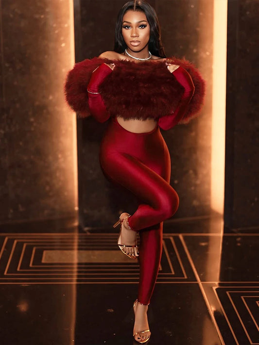 Furry Slash Neck Jumpsuits Luxury Hipster Patchwork